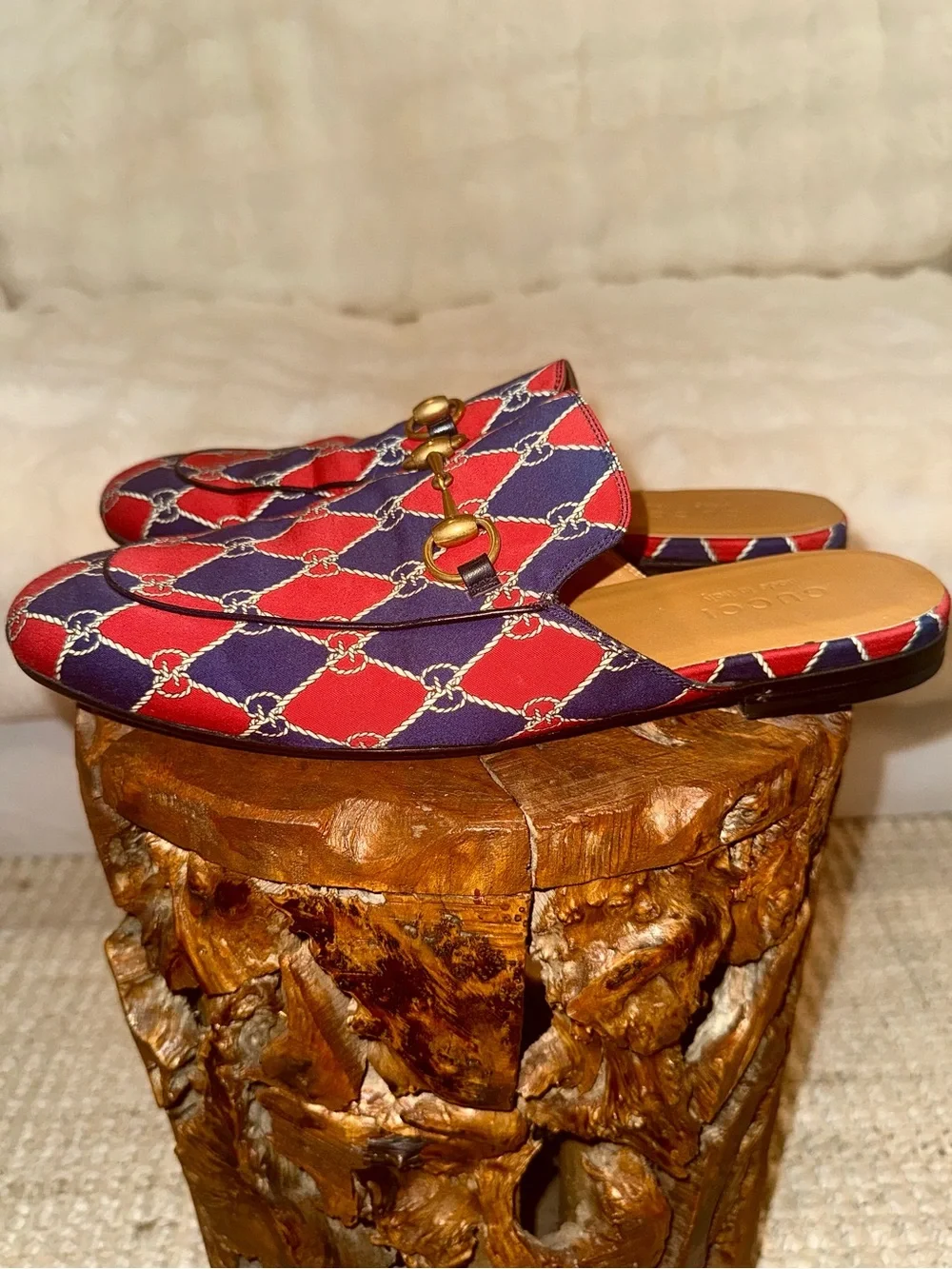 Gucci Princetown Horsebit Print Satin Mules Red Navy